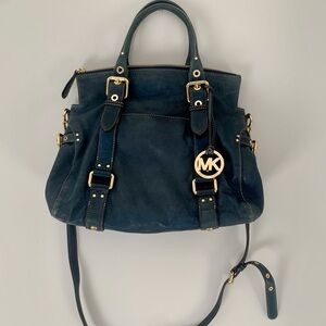 Michael Kors Women’s Dark Blue/Teal Leather Satchel Handbag with Gold Accents
